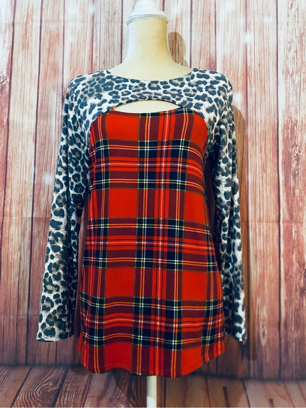 Women’s Small Blouse Now N Forever Animal Print And Plaid Long Sleeve Plaid Body